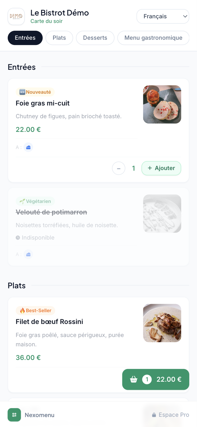 Aperçu mobile d'un menu restaurant Nexomenu avec panier client